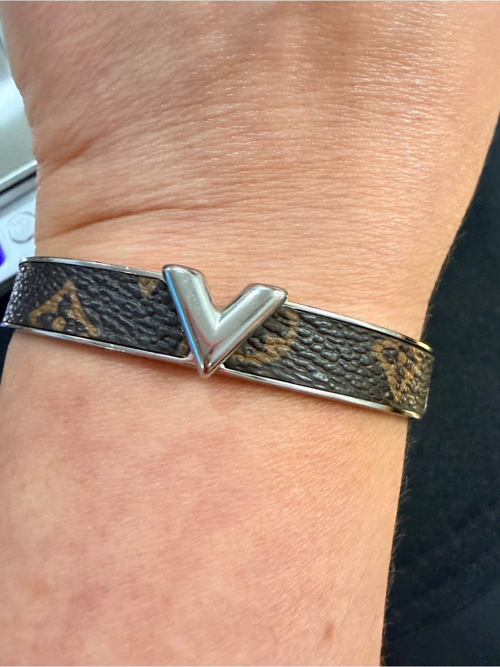 Monogram Canvas Cuff Bracelet | Silver Tone V Accent | Fashion Statement